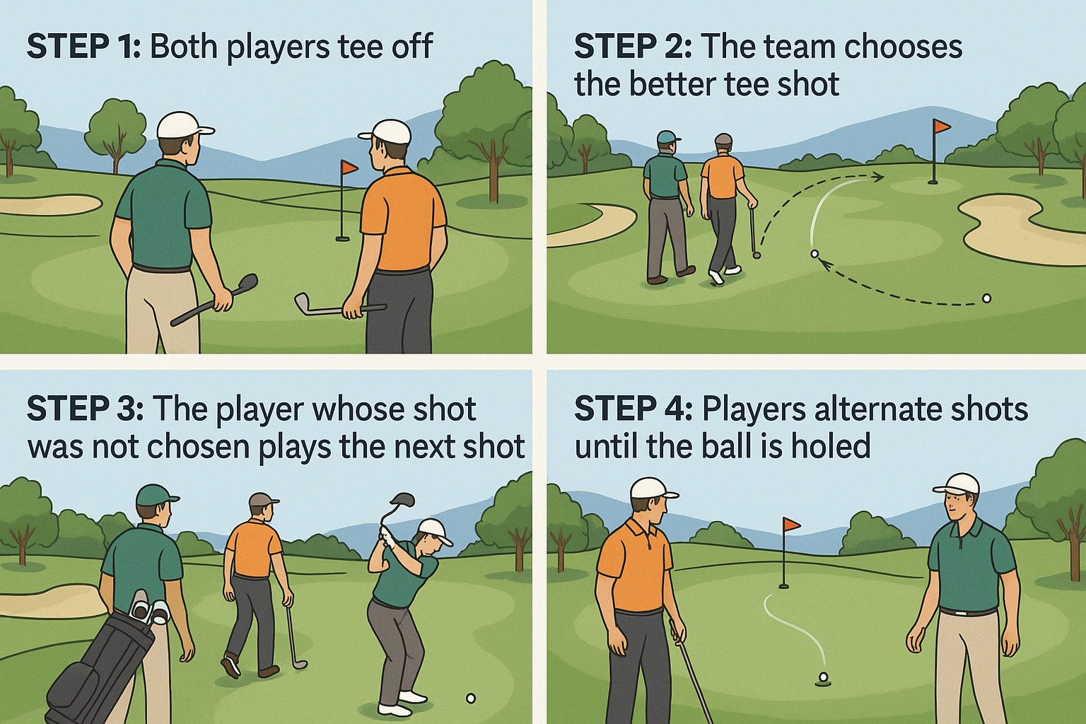 4 steps of playing a hole in the Greensomes golf format 4 steps of playing a hole in the Greensomes golf format