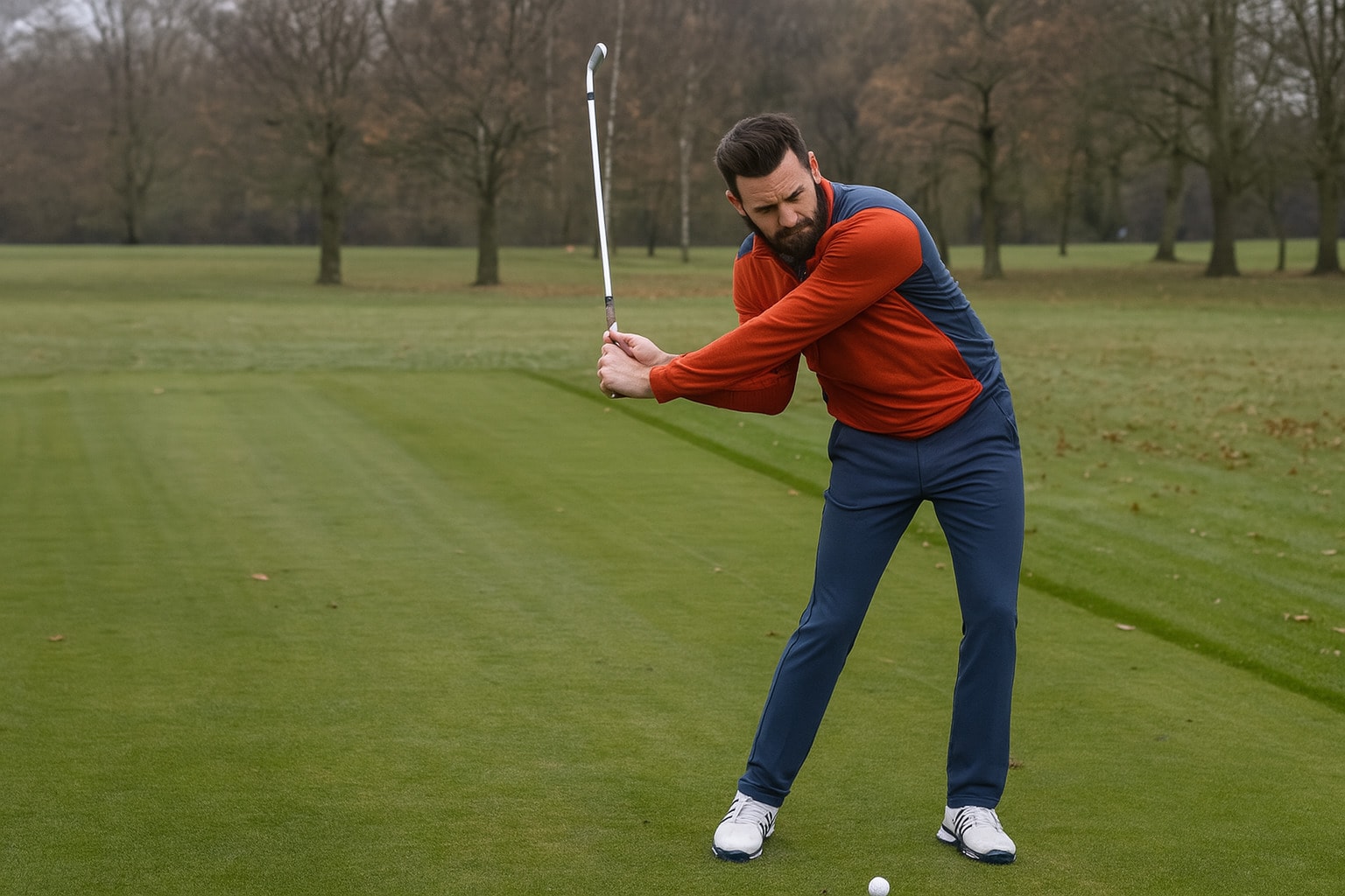 A clear example of excessive hip slide during the downswing, this lateral move limits rotation, kills power, and disrupts ball control. A clear example of excessive hip slide during the downswing, this lateral move limits rotation, kills power, and disrupts ball control.