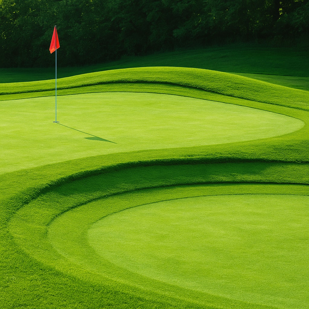 A clear view of multi-tiered greens, where separate levels create challenging putts across elevation changes. A clear view of multi-tiered greens, where separate levels create challenging putts across elevation changes.