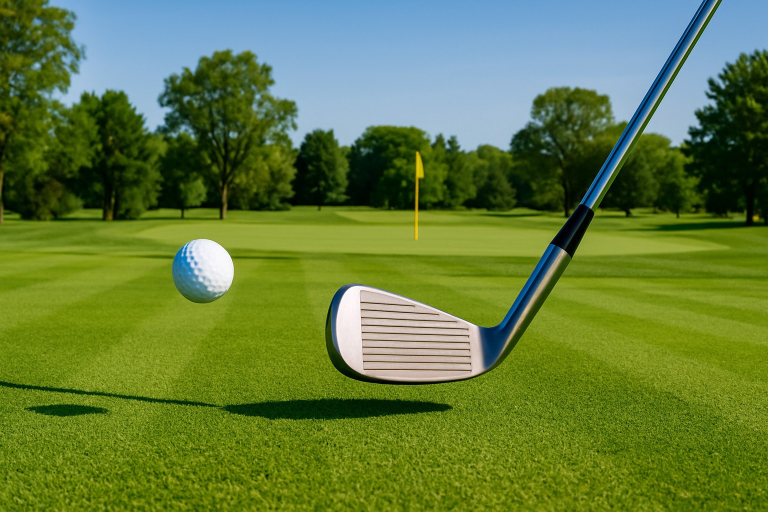 A full-swing approach shot sending the ball high toward the green A full-swing approach shot sending the ball high toward the green