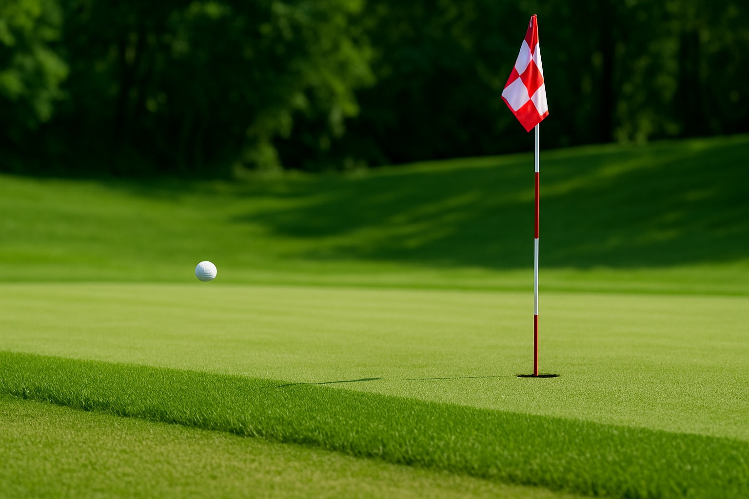 A golf ball in mid-air during a smooth chip shot toward the hole. A golf ball in mid-air during a smooth chip shot toward the hole.