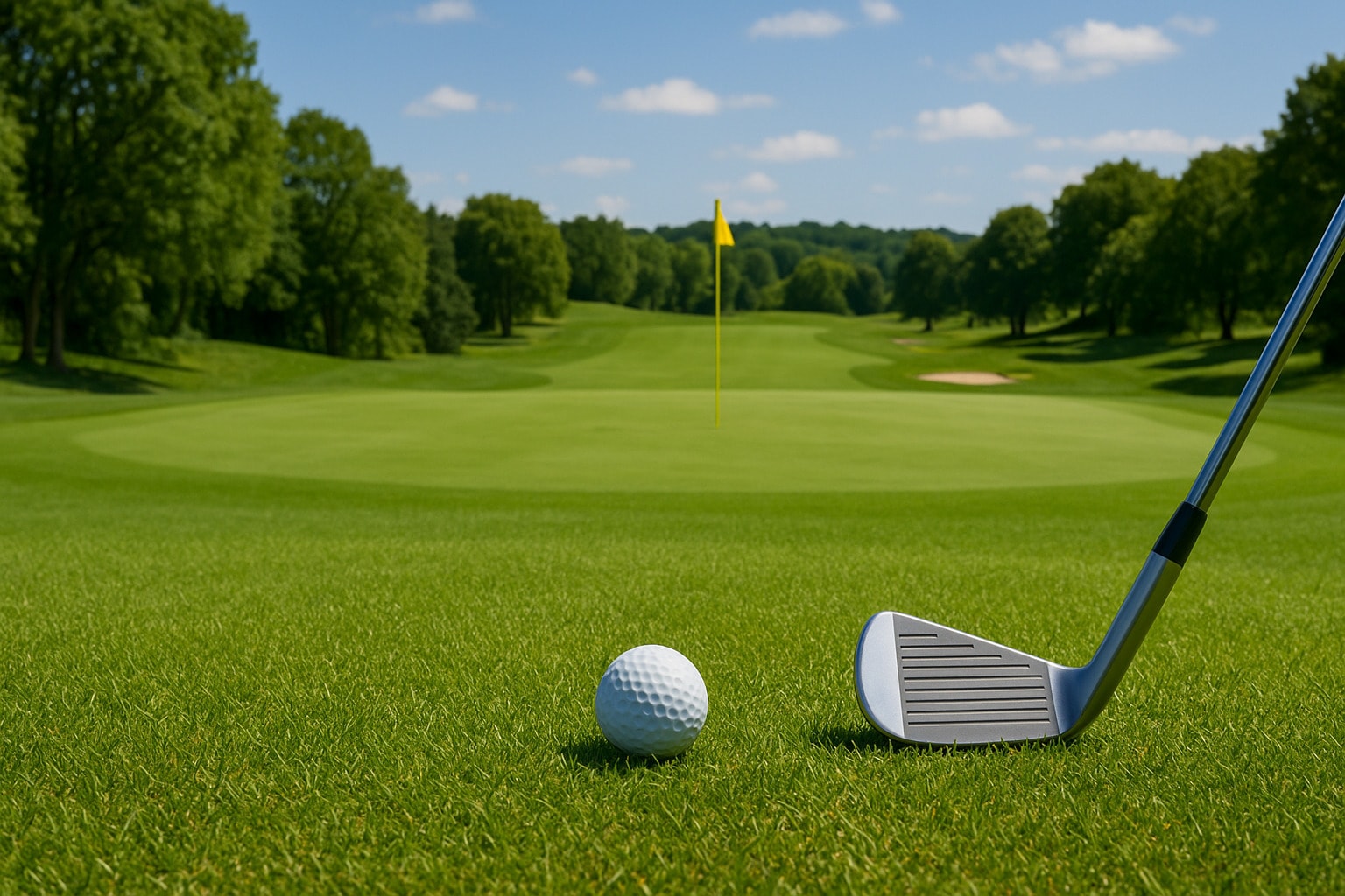 A golf ball on the fairway lined up for an approach shot toward the green A golf ball on the fairway lined up for an approach shot toward the green