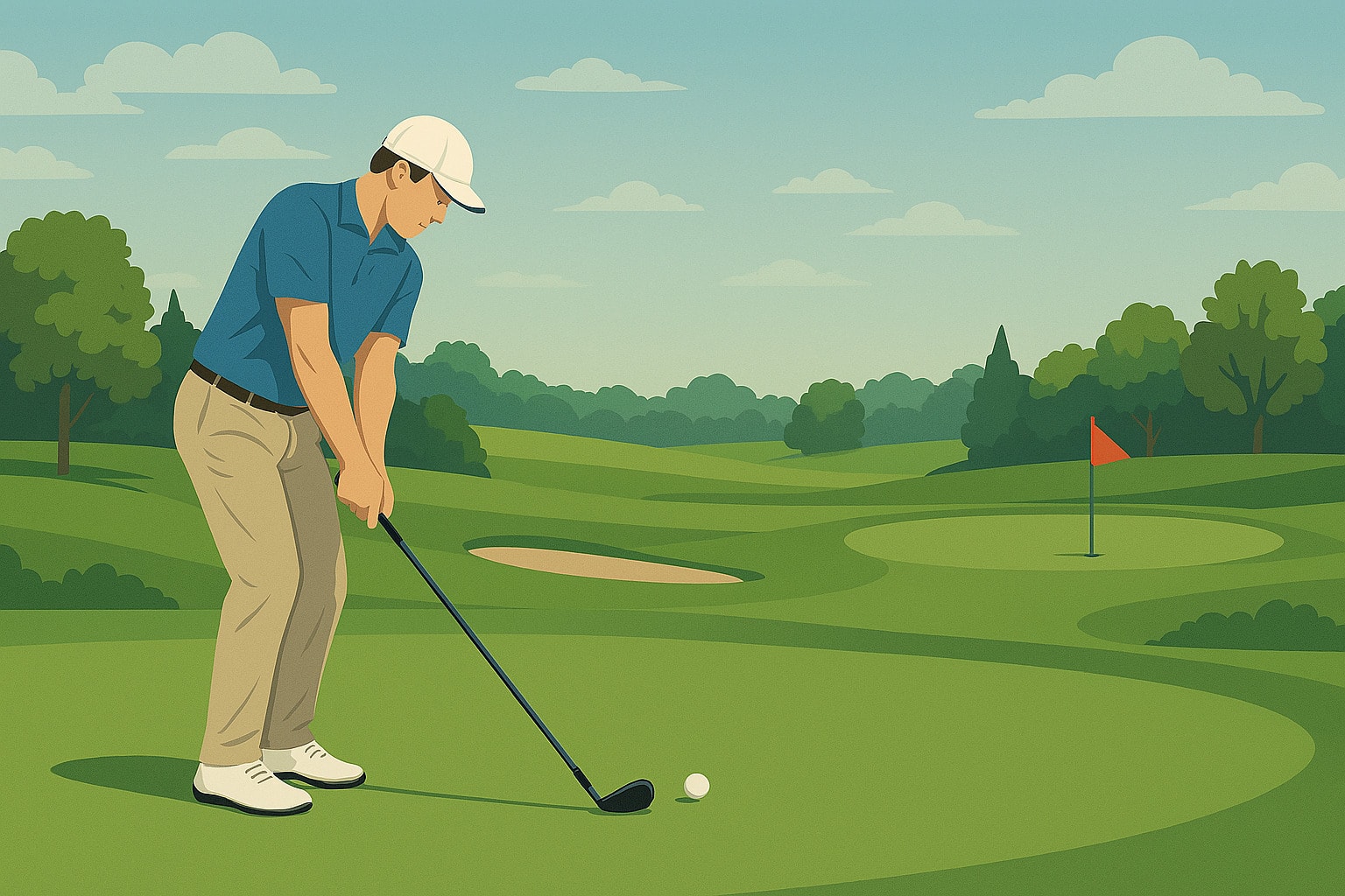 A golfer executes a push shot, sending the ball straight right of the target. A golfer executes a push shot, sending the ball straight right of the target.
