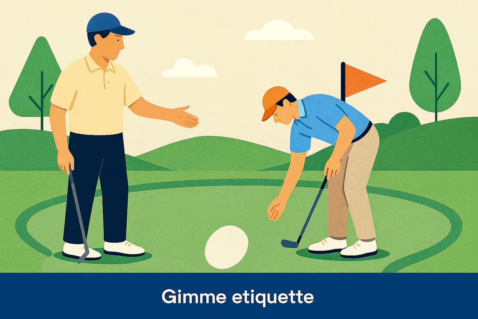 A golfer offers a gimme as his opponent picks up the ball A golfer offers a gimme as his opponent picks up the ball
