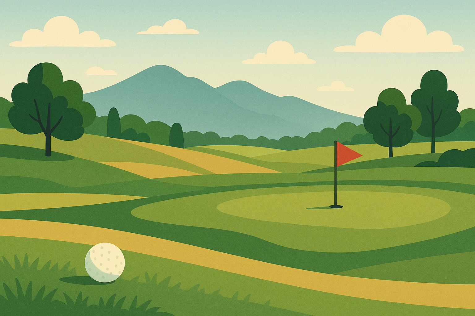 A peaceful golf course view, perfect for visualizing a straight pull shot heading left of the target A peaceful golf course view, perfect for visualizing a straight pull shot heading left of the target