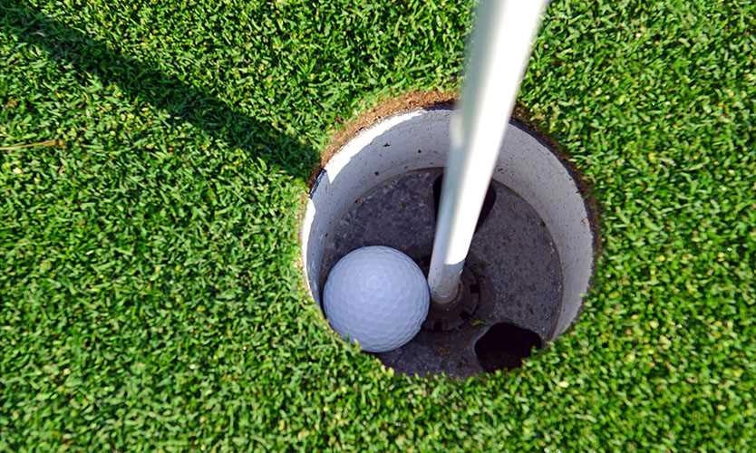 A perfect shot, the ball drops straight into the cup for a hole in one A perfect shot, the ball drops straight into the cup for a hole in one