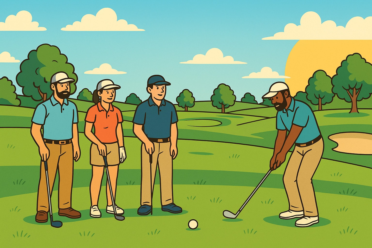 A team of golfers plays together under the afternoon sun, strategizing their next shot in a Texas Scramble format. A team of golfers plays together under the afternoon sun, strategizing their next shot in a Texas Scramble format.