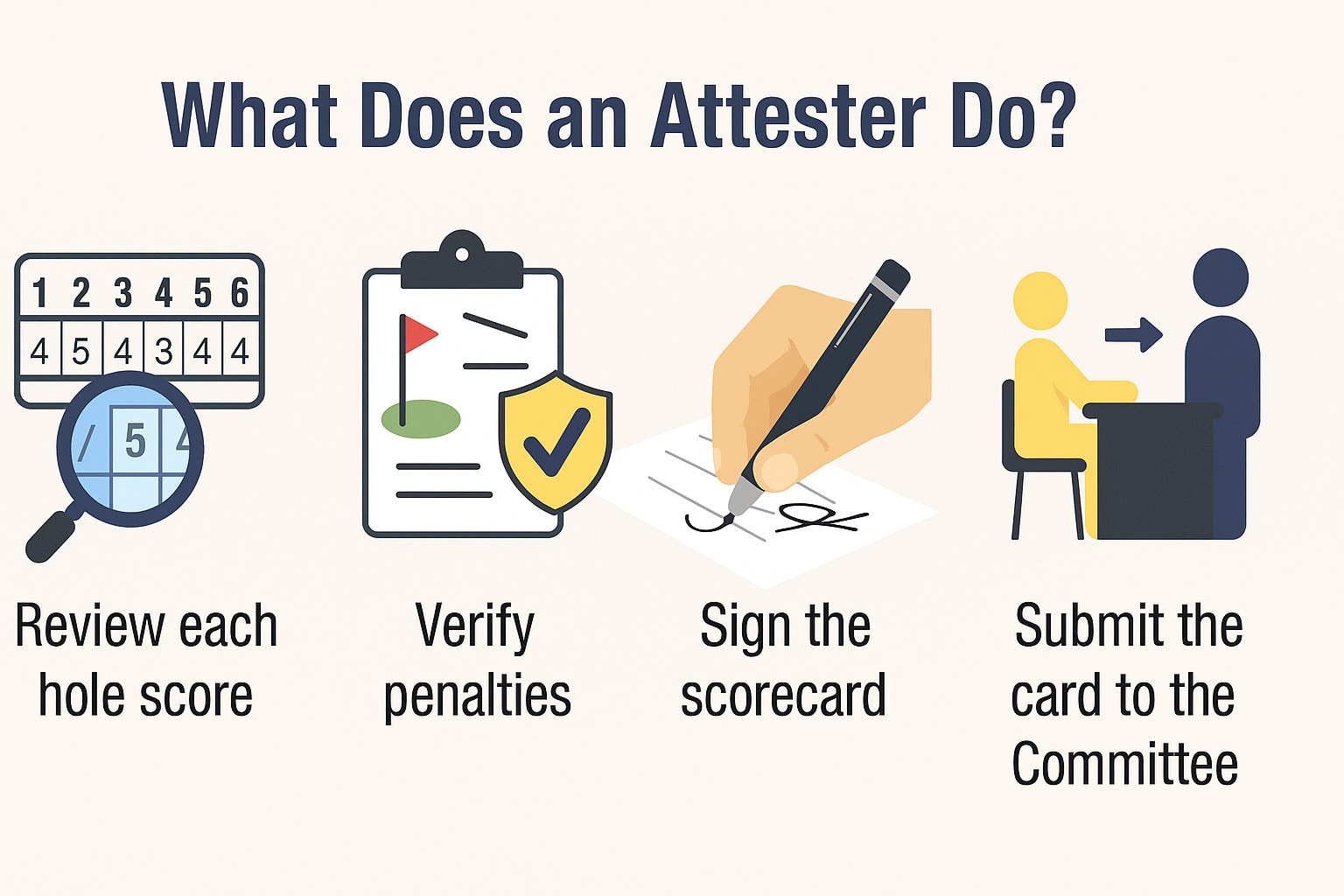 An attester reviews scores, verifies penalties, signs the scorecard, and submits it to the Committee to finalize the round An attester reviews scores, verifies penalties, signs the scorecard, and submits it to the Committee to finalize the round