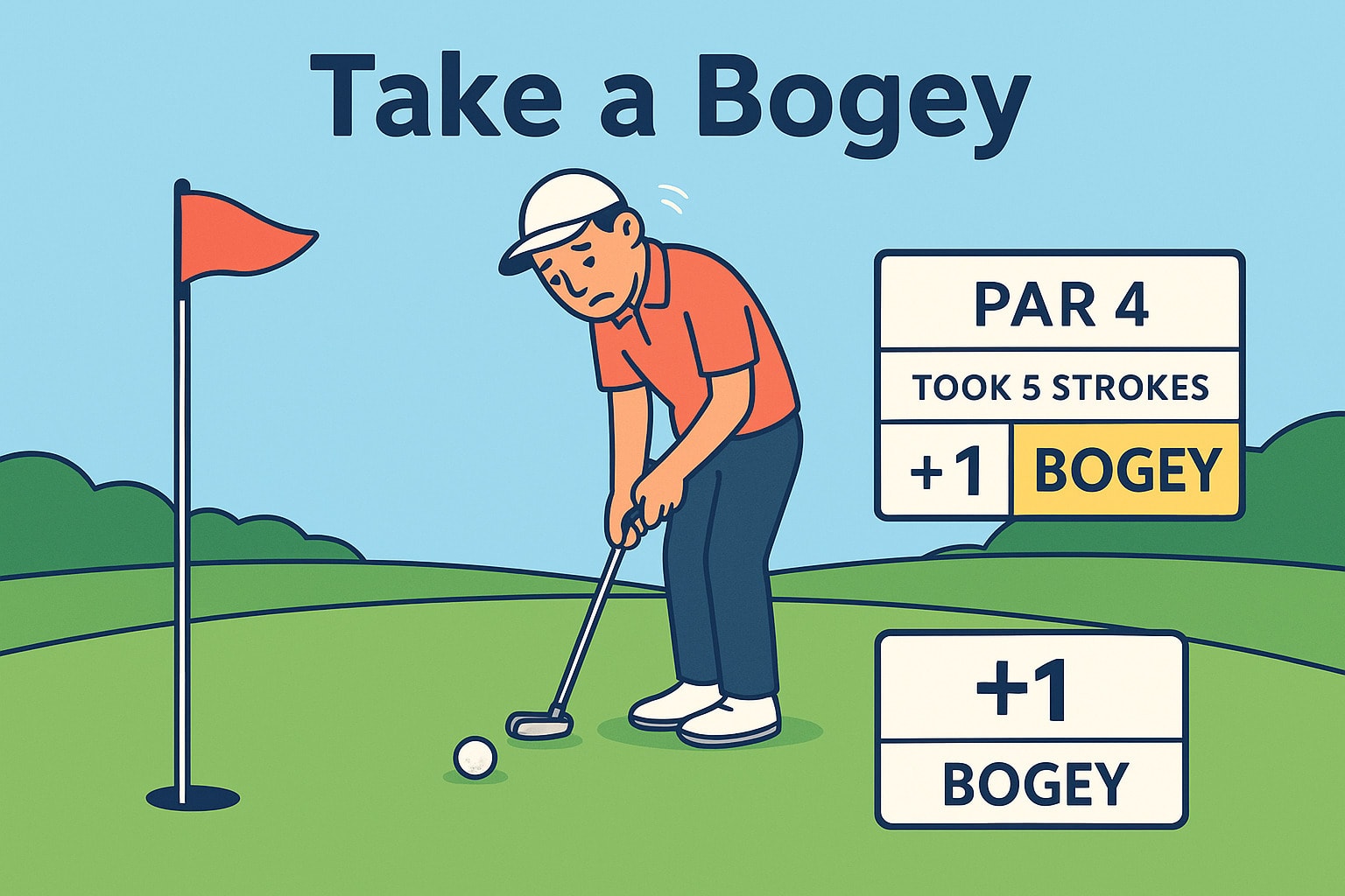 Bogey = +1: Scoring one stroke over par, like taking 5 strokes on a par-4 hole. Bogey = +1: Scoring one stroke over par, like taking 5 strokes on a par-4 hole.