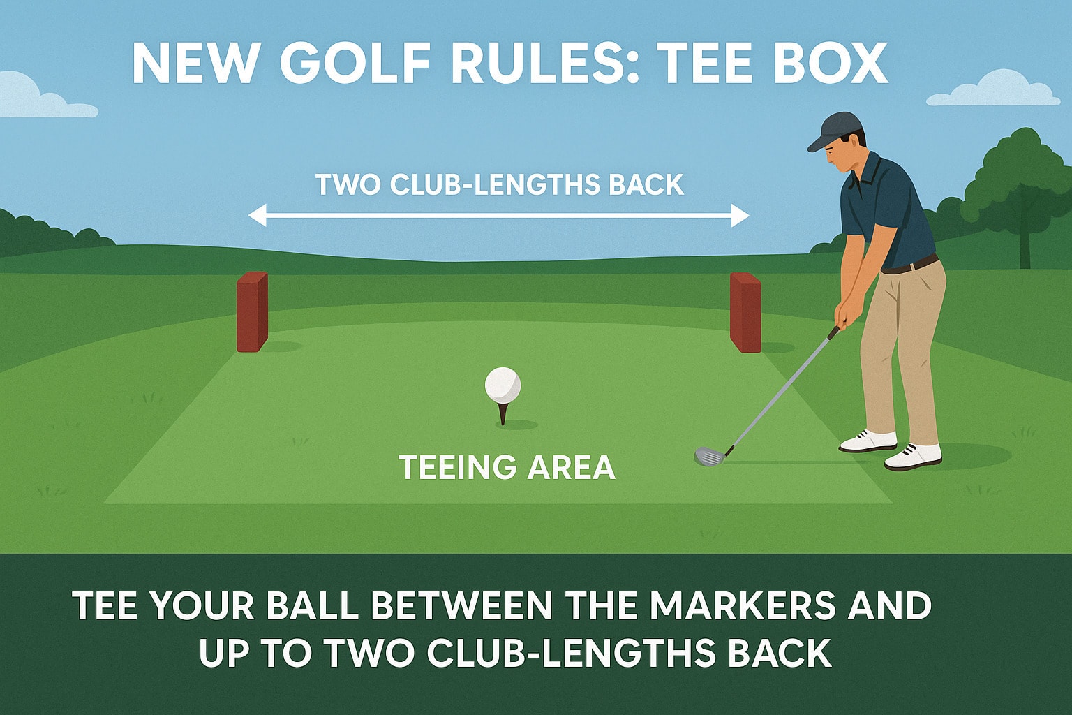 Correct placement of the ball inside the teeing area between the markers and up to two club-lengths back. Correct placement of the ball inside the teeing area between the markers and up to two club-lengths back.