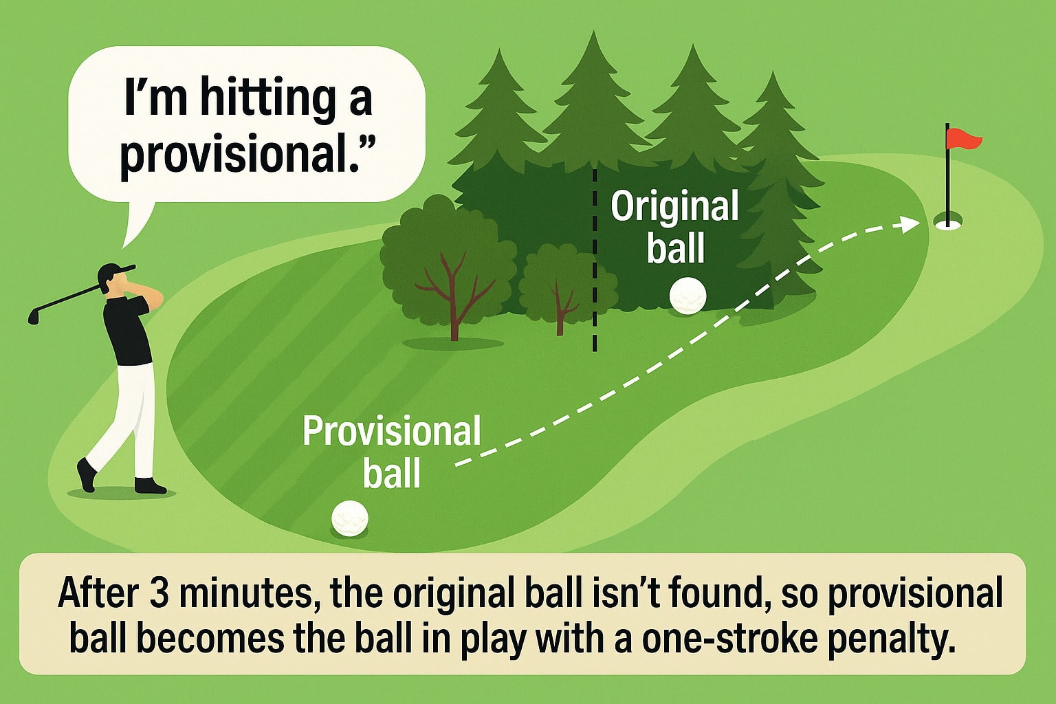Declared provisional becomes ball in play after 3 minutes if original isn’t found Declared provisional becomes ball in play after 3 minutes if original isn’t found