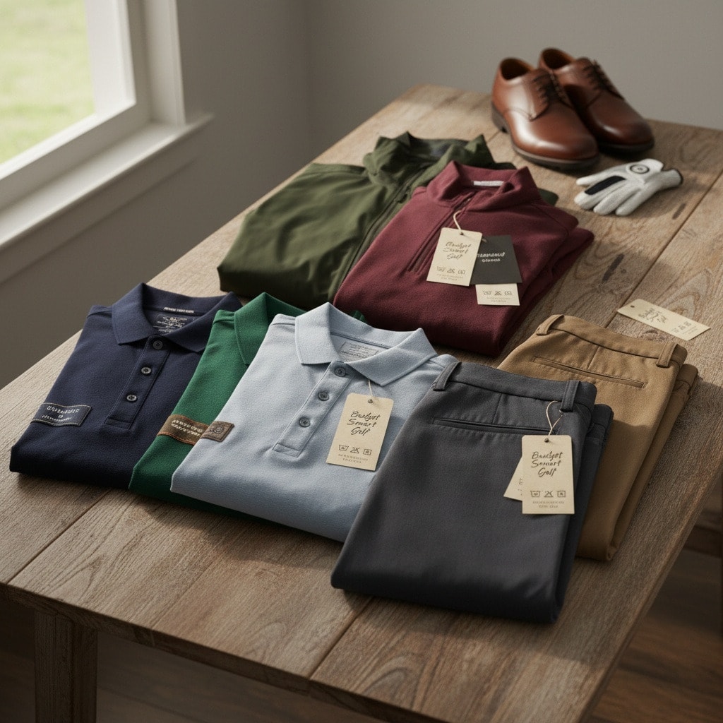 Essential pieces for building a complete golf wardrobe: polos, slacks, shoes, and accessories. Essential pieces for building a complete golf wardrobe: polos, slacks, shoes, and accessories.