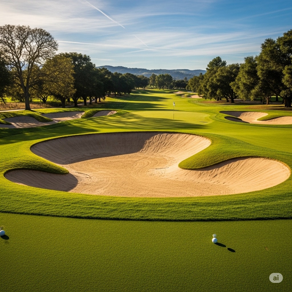 Fairway bunkers on a golf course, requiring precise club selection and clean ball-first contact. Fairway bunkers on a golf course, requiring precise club selection and clean ball-first contact.