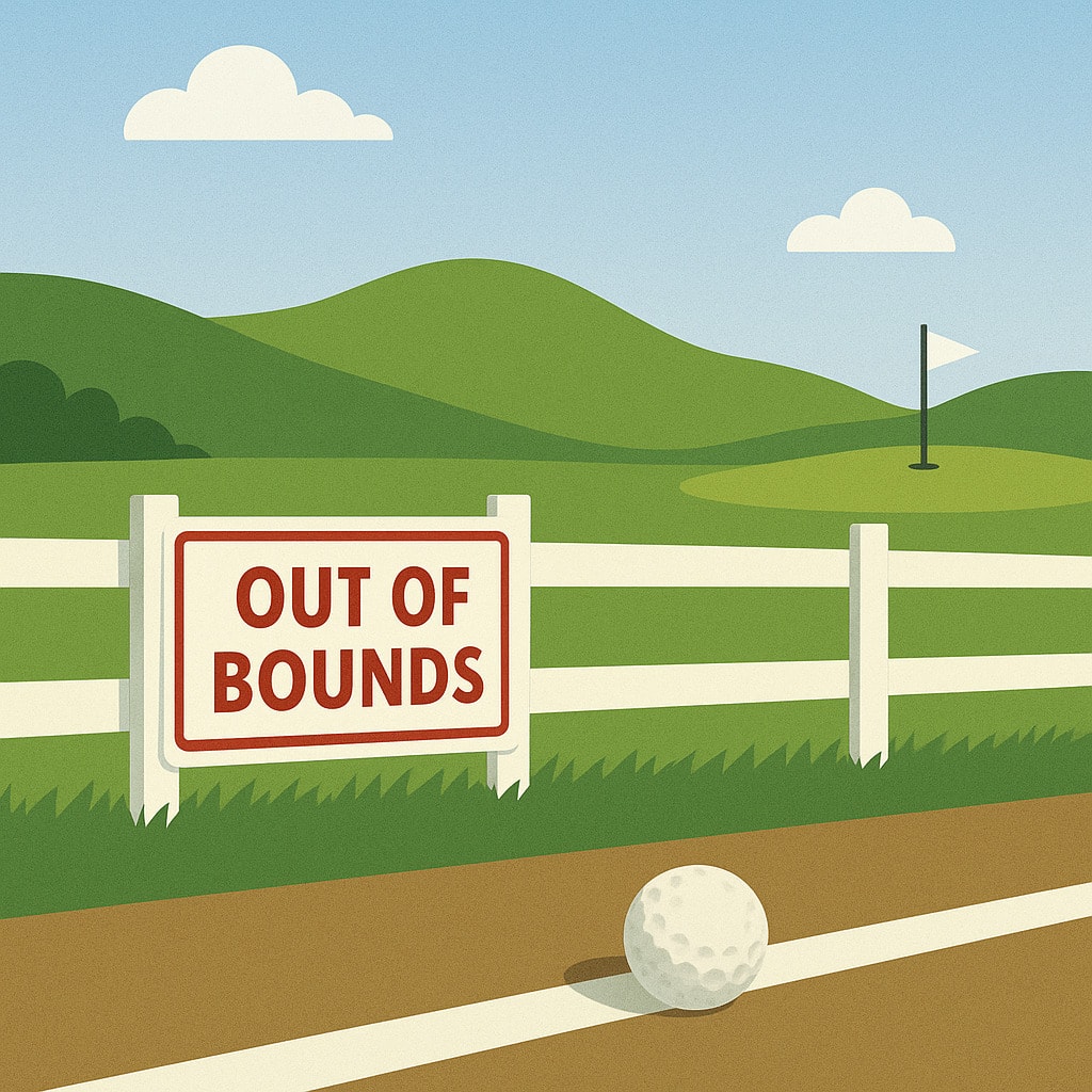 Golf ball beyond the white boundary line: out of bounds. Golf ball beyond the white boundary line: out of bounds.