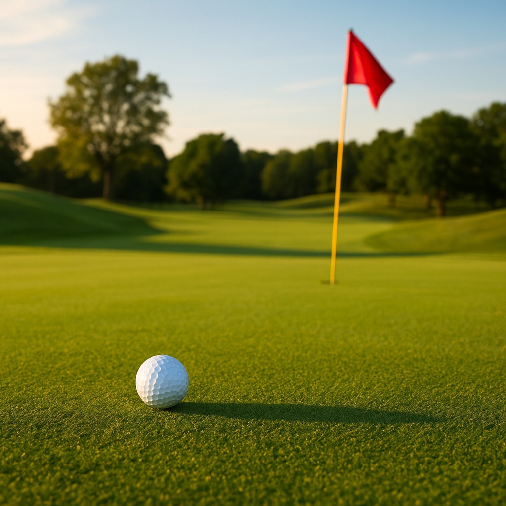 Golf ball on the green with the flag in view on a sunny afternoon Golf ball on the green with the flag in view on a sunny afternoon