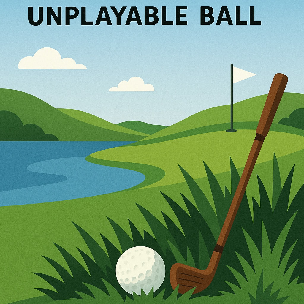 Golf ball stuck in thick rough, an unplayable ball situation. Golf ball stuck in thick rough, an unplayable ball situation.