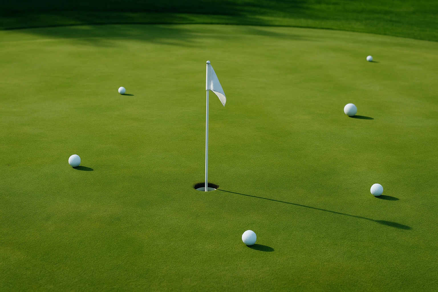 Golf balls positioned around the hole for different types of putts. Golf balls positioned around the hole for different types of putts.