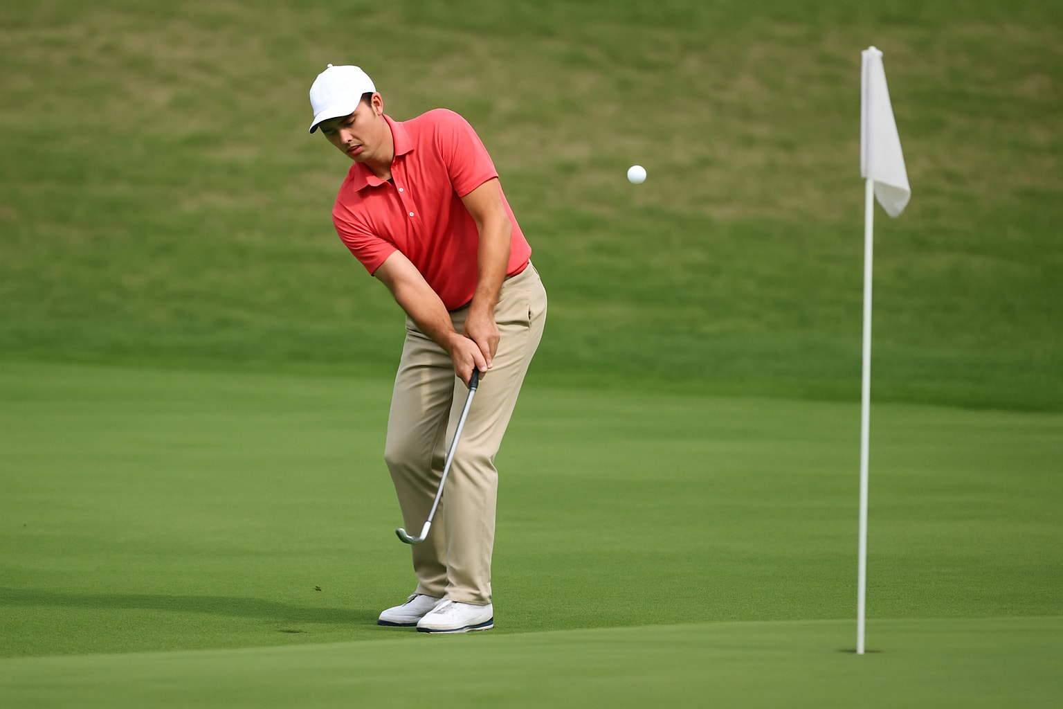 Golfer executing a precise chip shot toward the hole Golfer executing a precise chip shot toward the hole