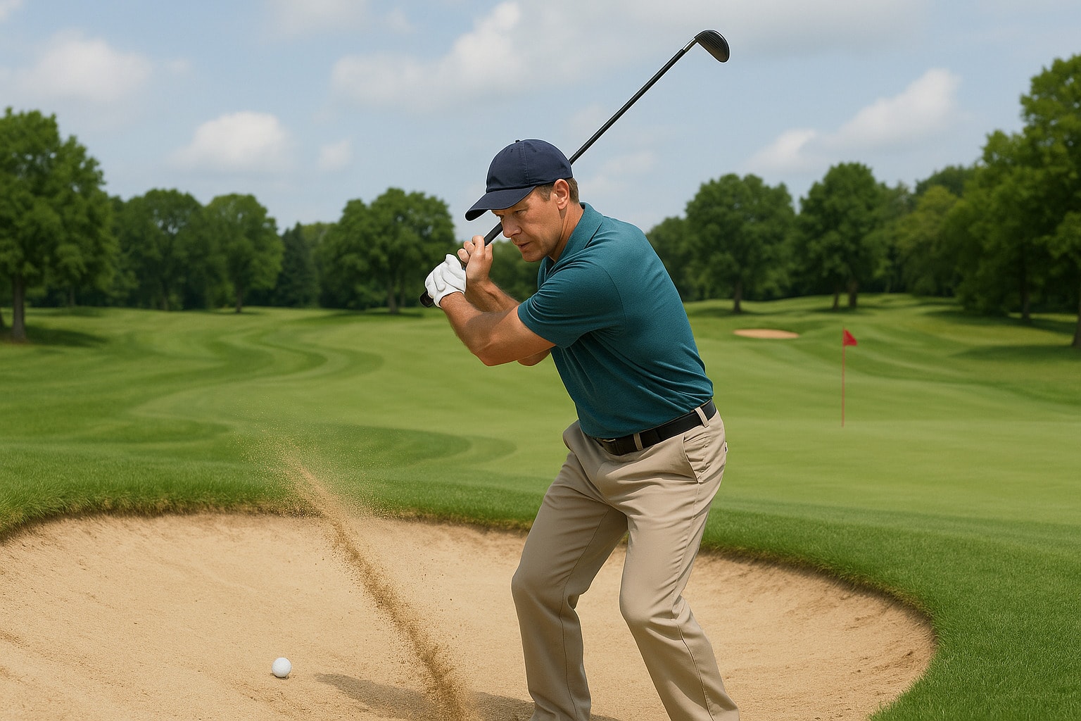 Golfer hitting a bunker shot on a sunny day. Golfer hitting a bunker shot on a sunny day.