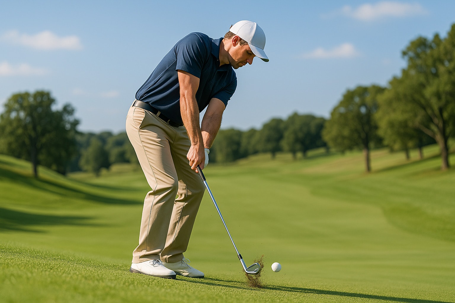 Golfer hitting a shot from a downhill stance. Golfer hitting a shot from a downhill stance.