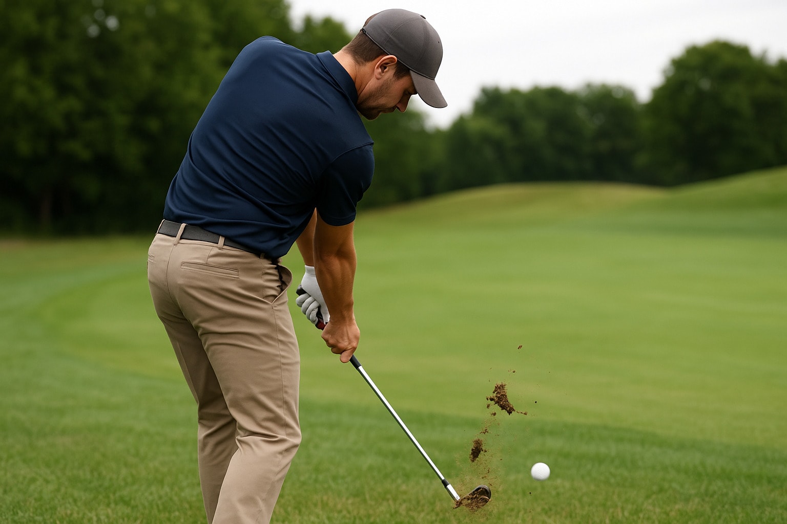 Golfer hitting behind the ball, showing a common cause of a duff or chunk in golf. Golfer hitting behind the ball, showing a common cause of a duff or chunk in golf.