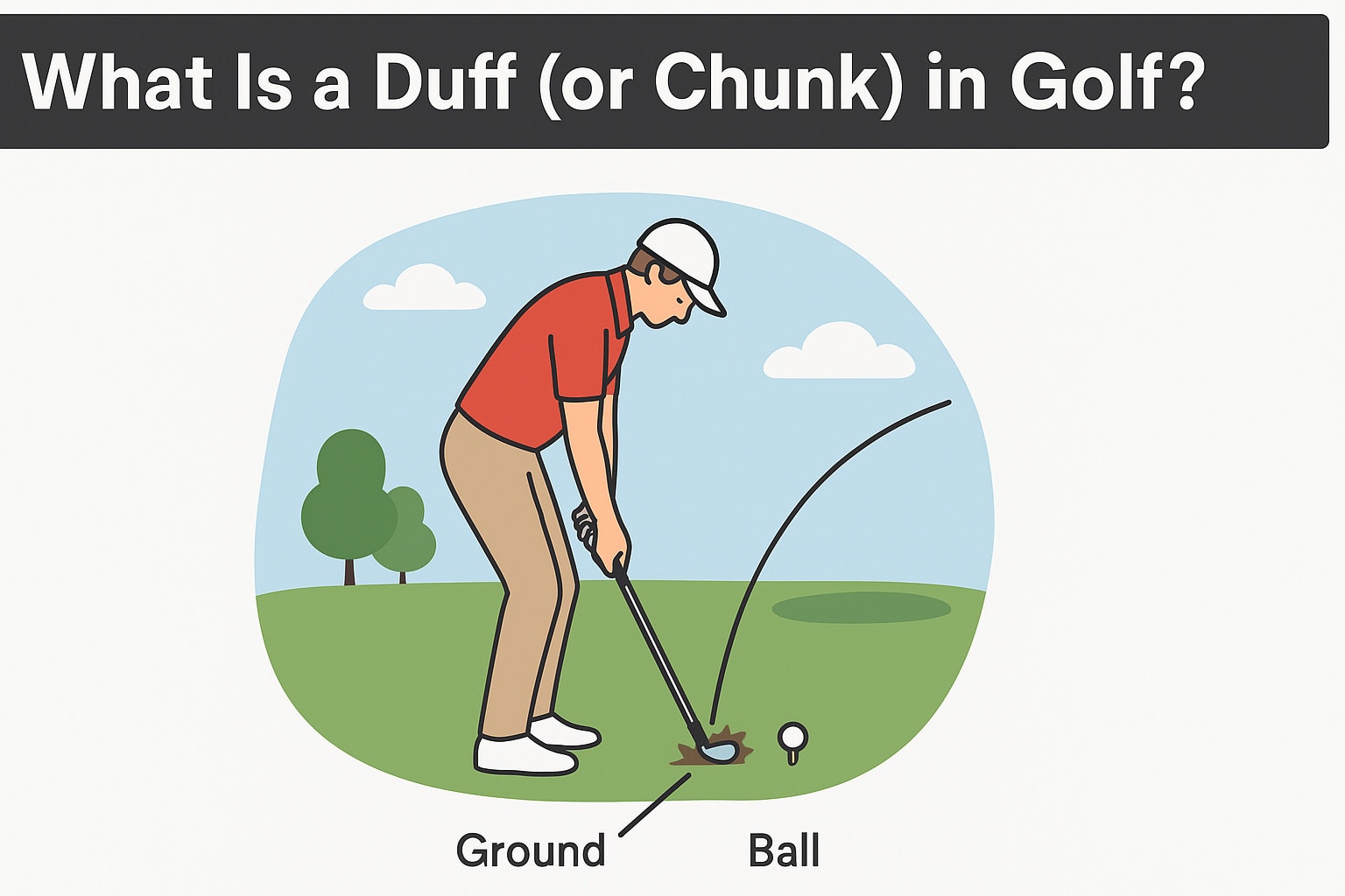 Golfer hitting the ground before the ball, demonstrating a duff or chunk in golf. Golfer hitting the ground before the ball, demonstrating a duff or chunk in golf.