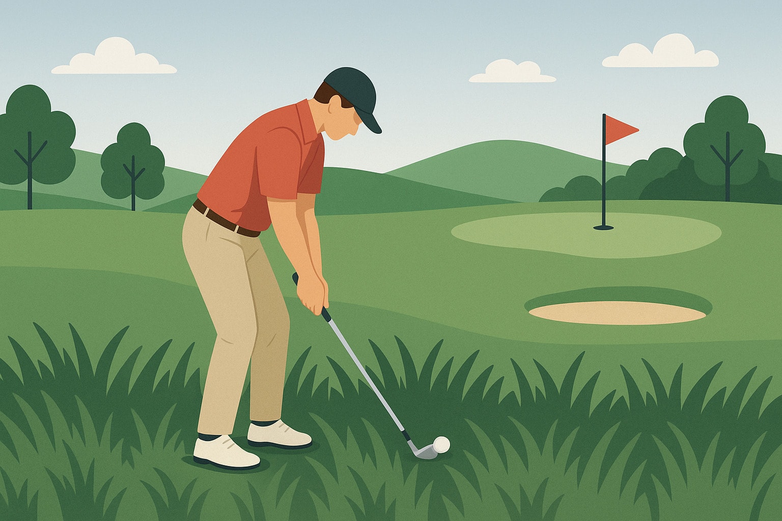 Golfer plays the ball as it lies in the rough, aiming toward the green. Golfer plays the ball as it lies in the rough, aiming toward the green.