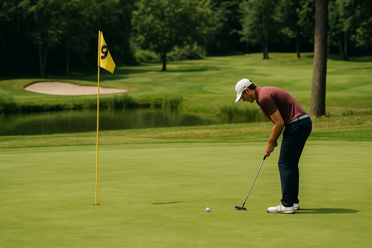 Golfer putting on the green after a tough hole that could lead to a double bogey. Golfer putting on the green after a tough hole that could lead to a double bogey.