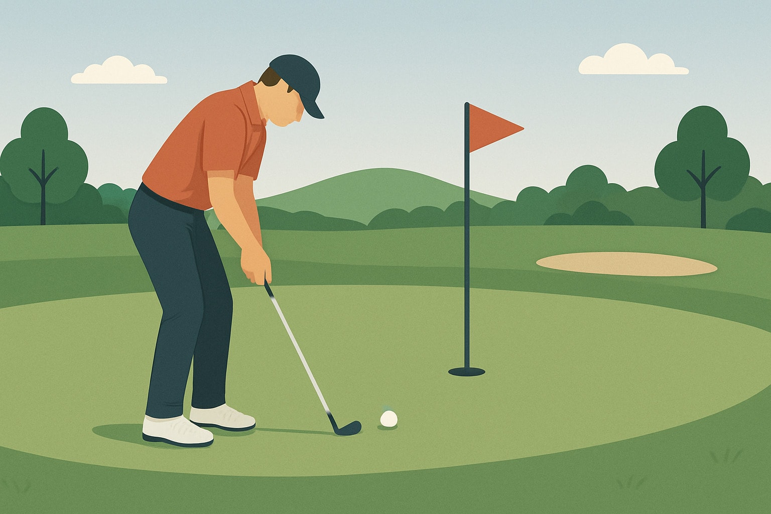 Golfer putting on the green toward the hole. Golfer putting on the green toward the hole.