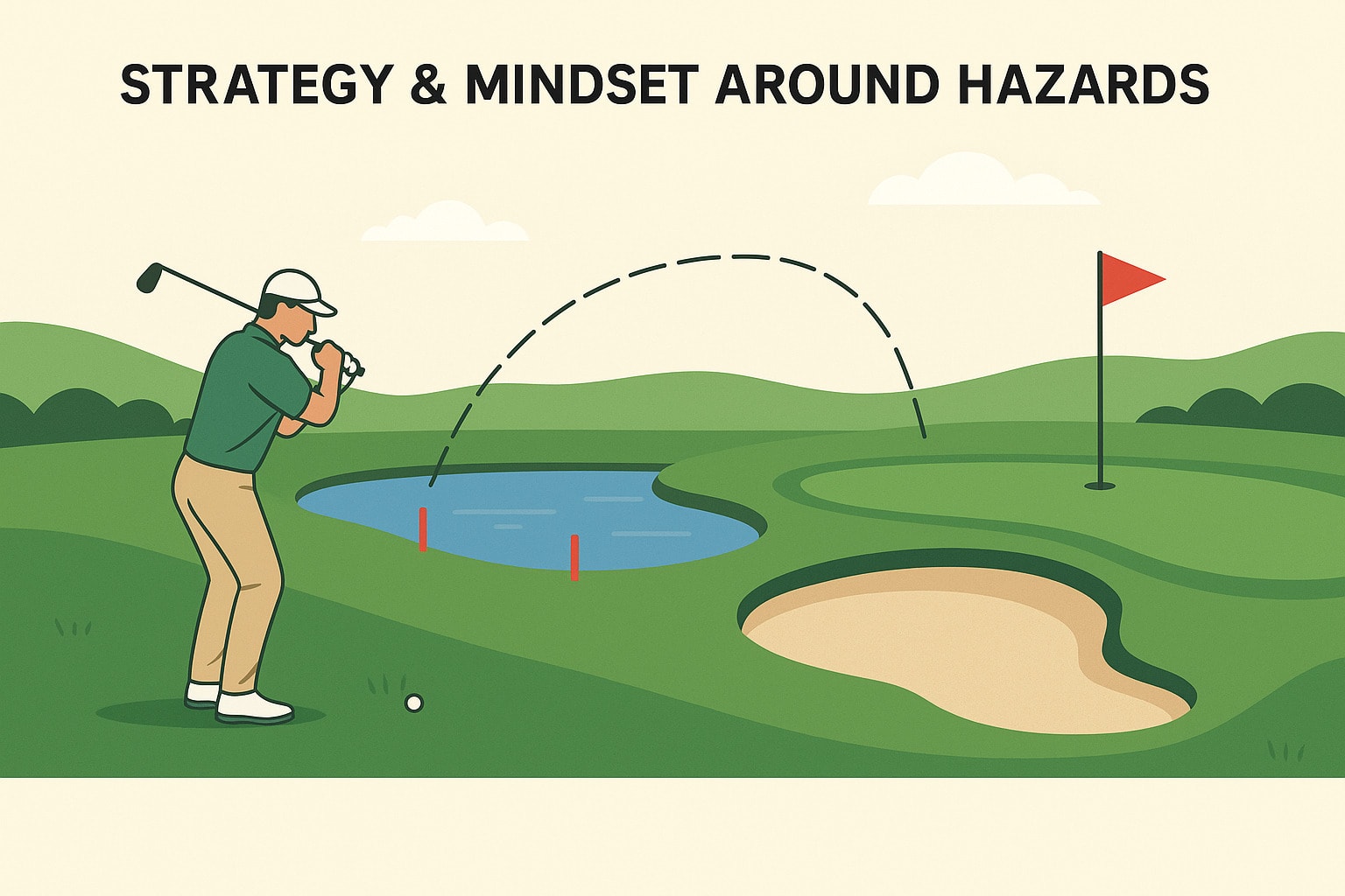 Golfer weighing risk and reward with bunker and water hazard near the green. Golfer weighing risk and reward with bunker and water hazard near the green.