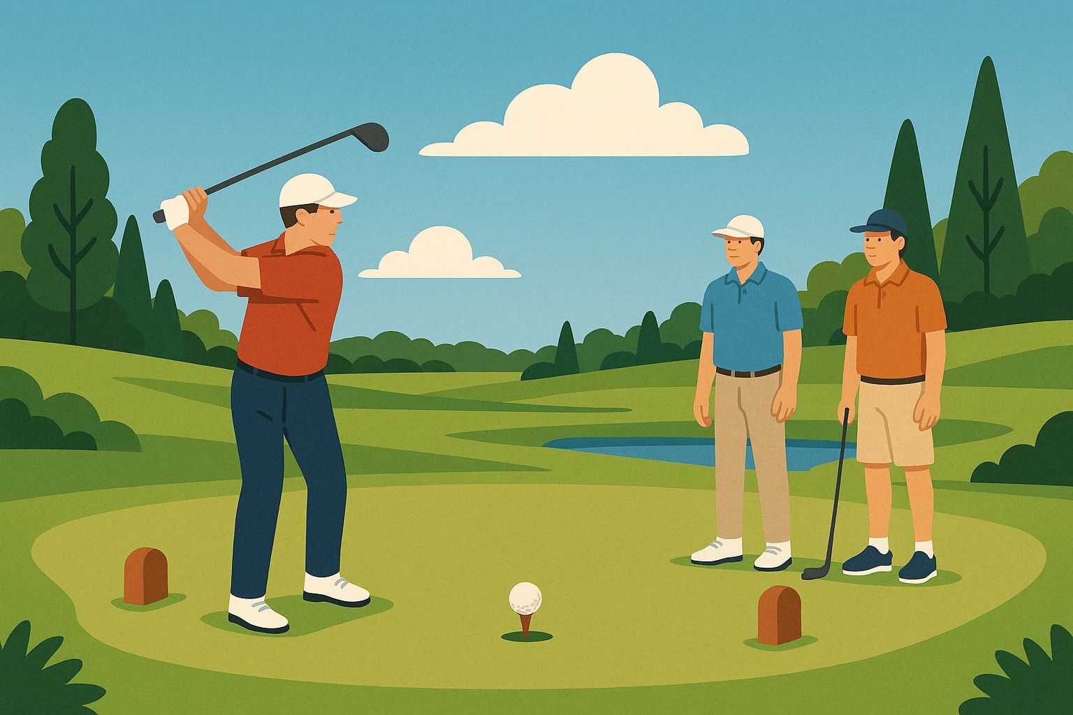 Golfers preparing on the tee box to decide who tees off first. Golfers preparing on the tee box to decide who tees off first.