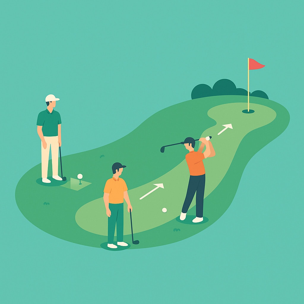 Golfers taking alternate shots on the fairway Golfers taking alternate shots on the fairway