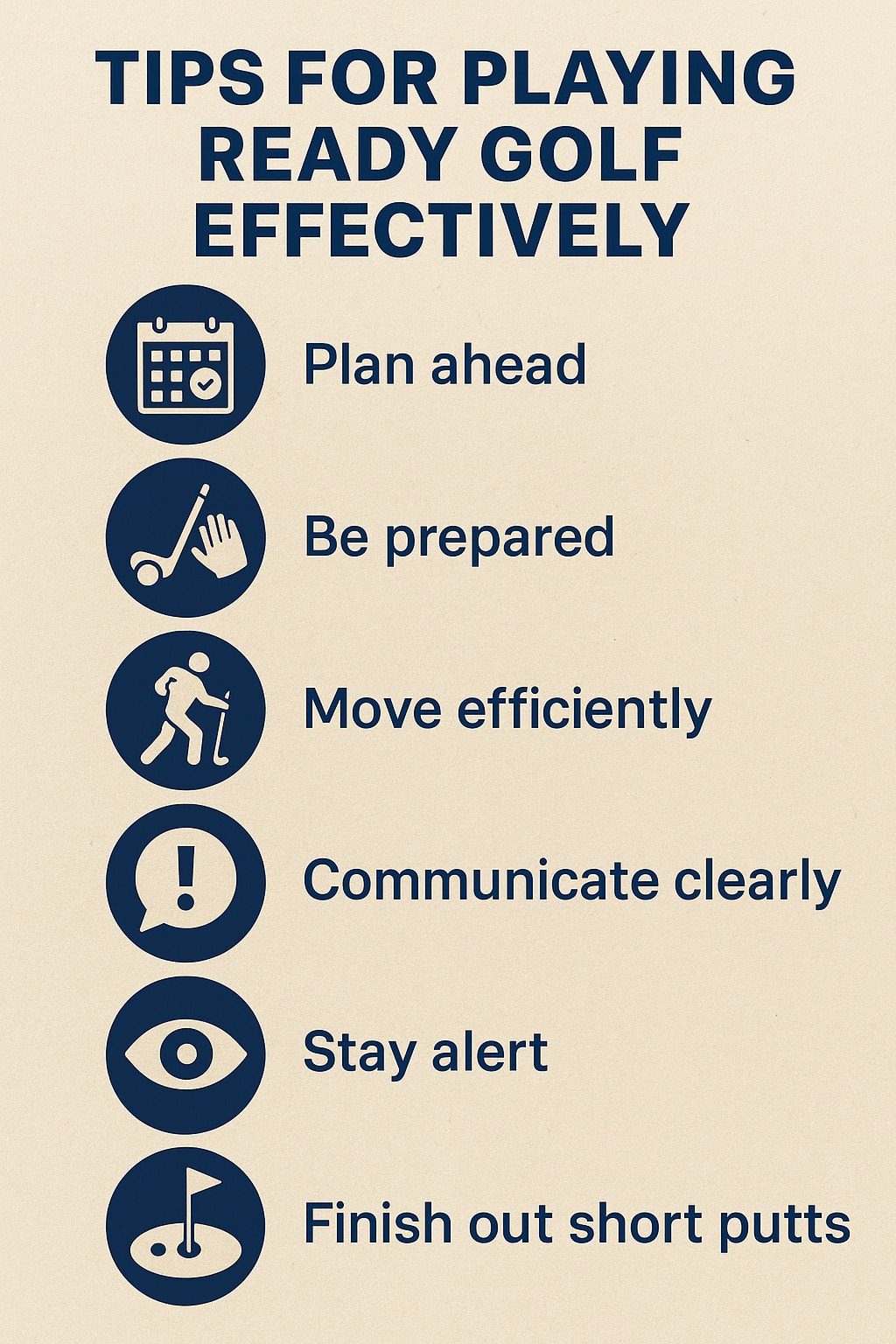 Key tips to play ready golf effectively: plan ahead, be prepared, move efficiently, communicate, stay alert, and finish short putts Key tips to play ready golf effectively: plan ahead, be prepared, move efficiently, communicate, stay alert, and finish short putts