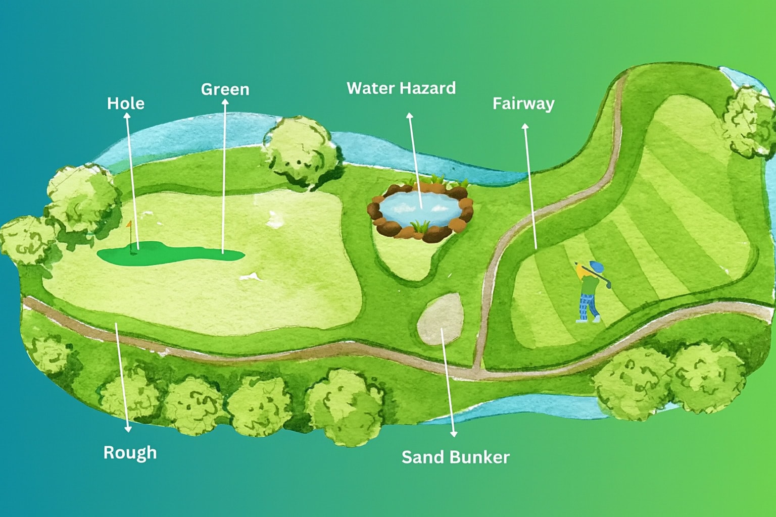 Labeled golf course diagram showing key areas: green, hole, fairway, rough, sand bunker, and water hazard Labeled golf course diagram showing key areas: green, hole, fairway, rough, sand bunker, and water hazard