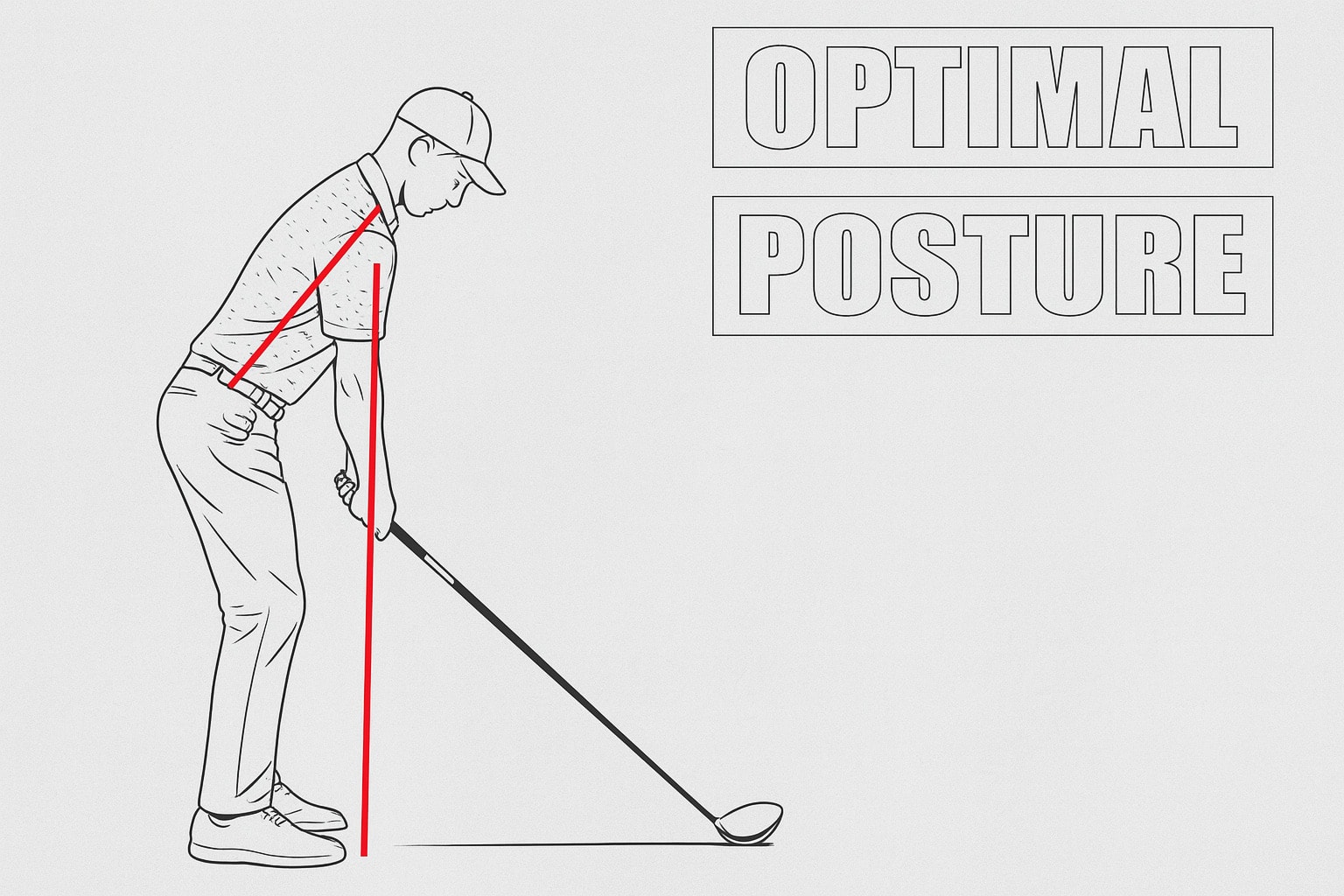 Optimal golf posture illustrated: spine angled from the hips, arms hanging naturally, and balance centered over the feet Optimal golf posture illustrated: spine angled from the hips, arms hanging naturally, and balance centered over the feet