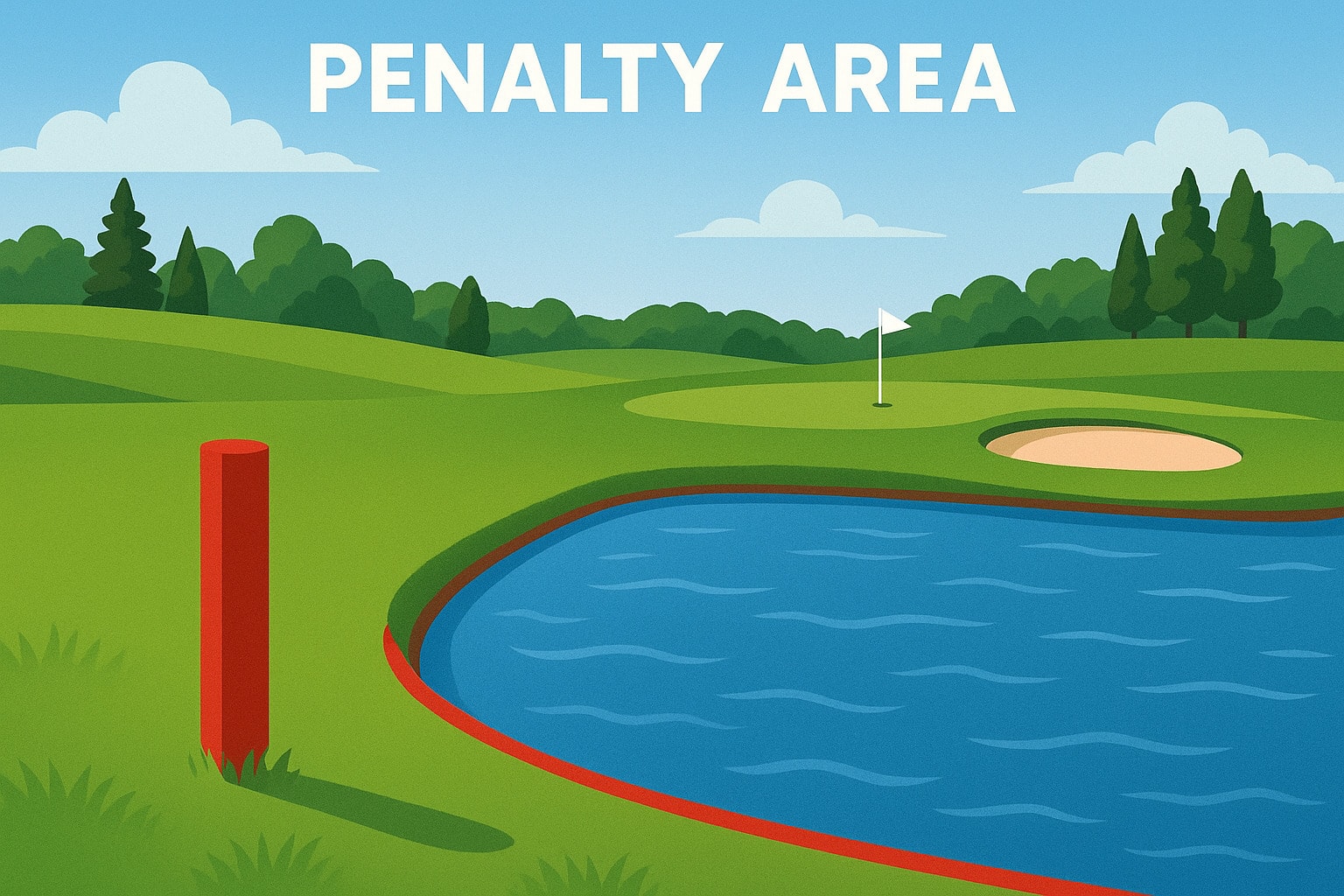 Penalty area marked by red stakes beside a water hazard on a golf course. Penalty area marked by red stakes beside a water hazard on a golf course.