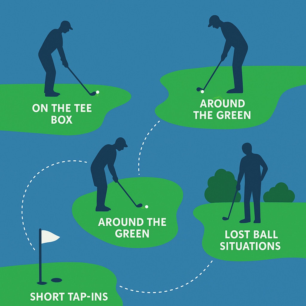 Play ready golf on the tee box, fairway, around the green, during tap-ins, and lost ball situations Play ready golf on the tee box, fairway, around the green, during tap-ins, and lost ball situations