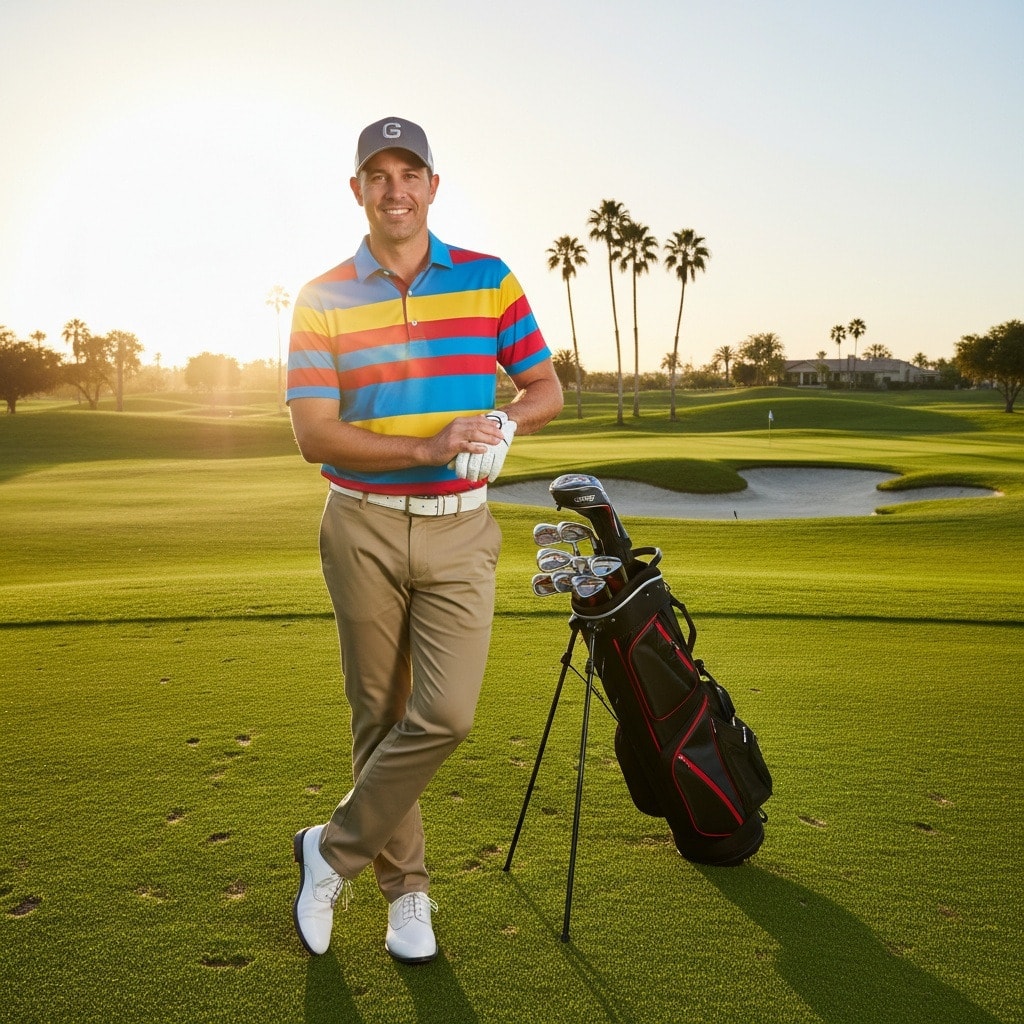 Proper golf attire with collared shirt, tailored pants, and golf shoes Proper golf attire with collared shirt, tailored pants, and golf shoes