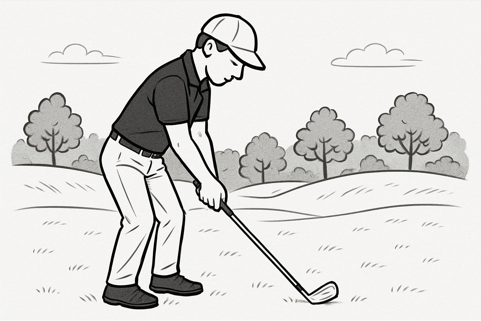 Proper Golf Stance Before the Swing: Feet shoulder-width apart, knees slightly flexed, back straight, and eyes on the ball Proper Golf Stance Before the Swing: Feet shoulder-width apart, knees slightly flexed, back straight, and eyes on the ball