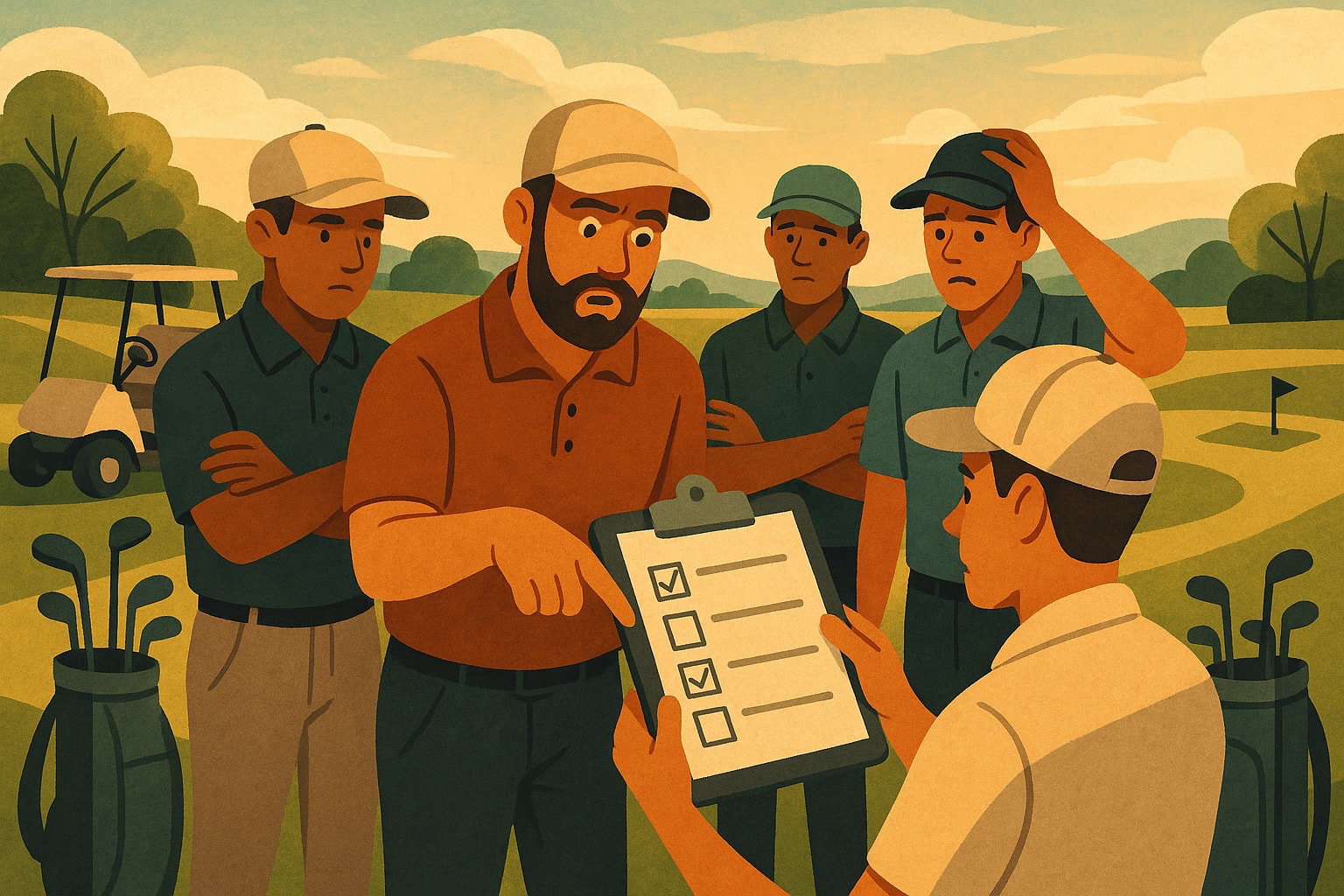 Realizing they forgot to track required tee shots during a team scramble round. Realizing they forgot to track required tee shots during a team scramble round.