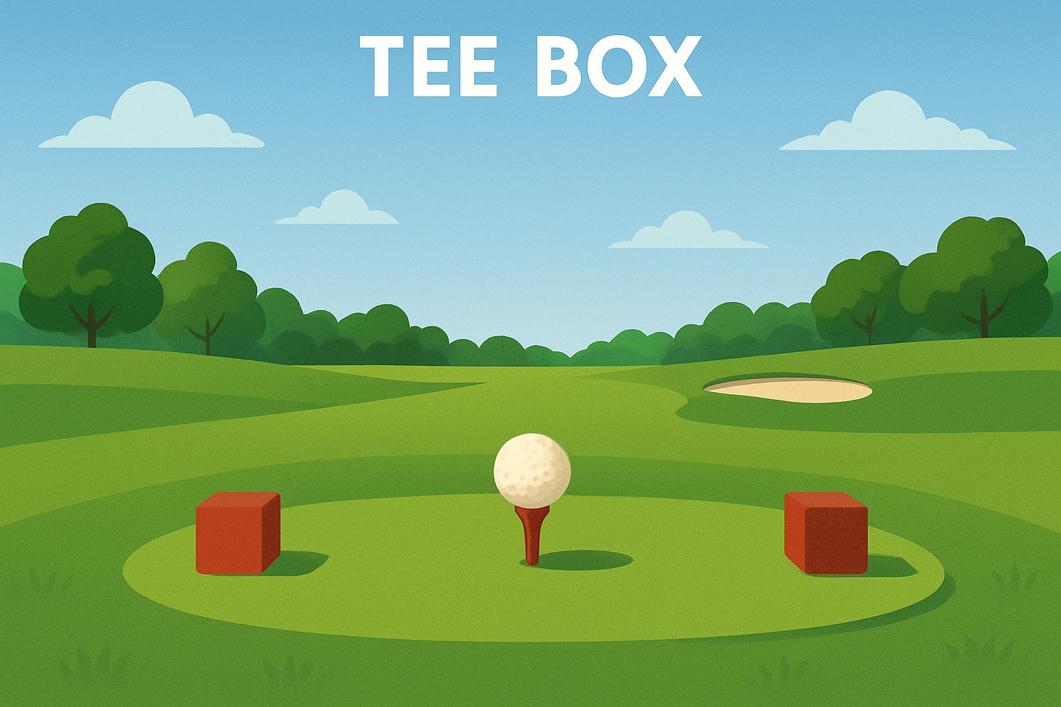 Tee box with markers and a golf ball ready for the first shot. Tee box with markers and a golf ball ready for the first shot.