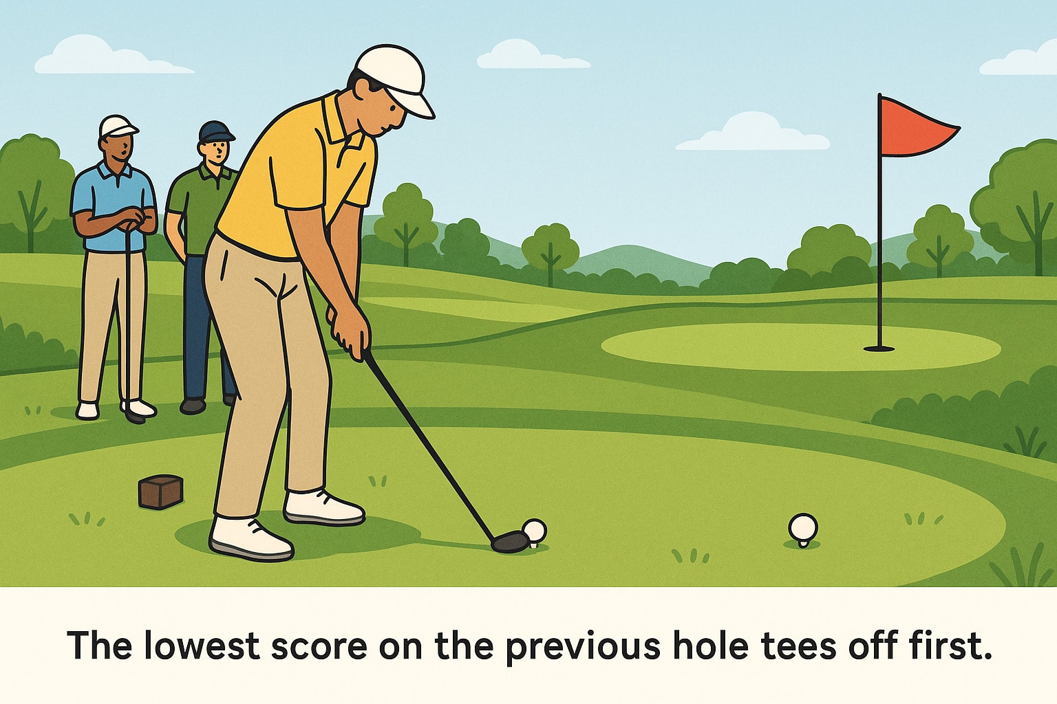 The golfer with the lowest score on the previous hole tees off first. The golfer with the lowest score on the previous hole tees off first.
