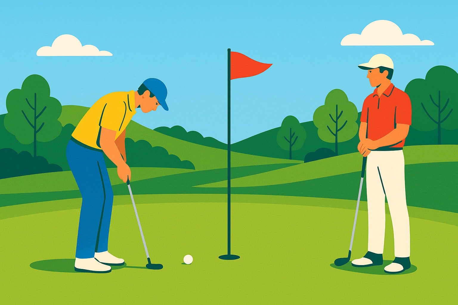 Two golfers competing head-to-head in a match play format on the green Two golfers competing head-to-head in a match play format on the green