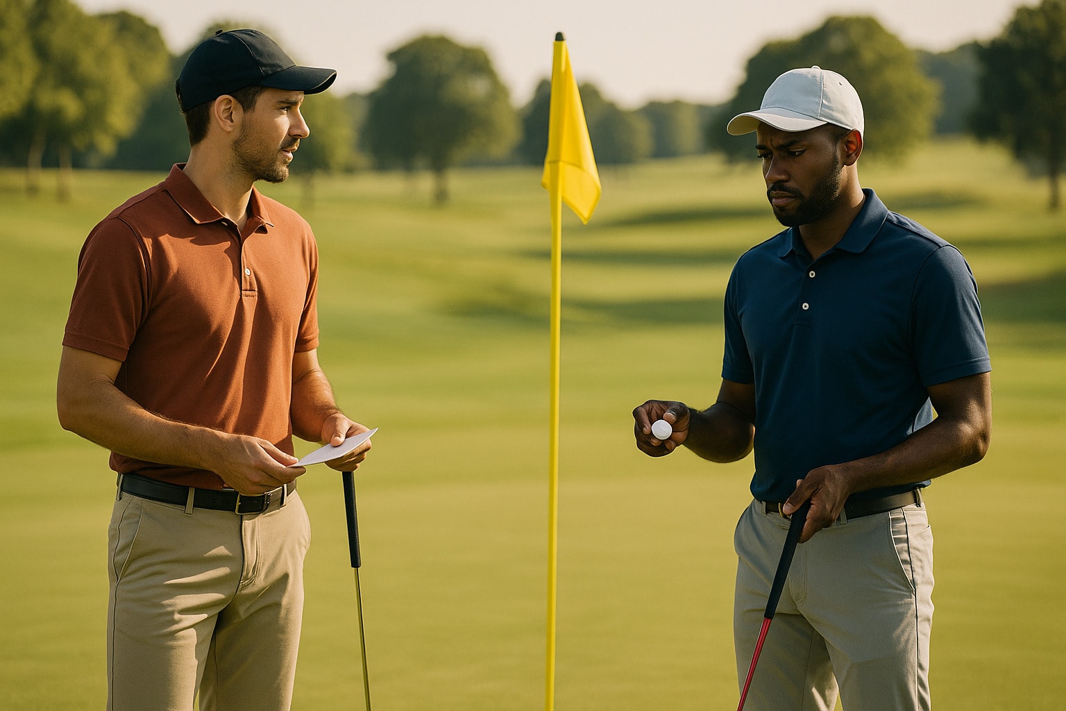 Two golfers face off on the green during a match play round Two golfers face off on the green during a match play round