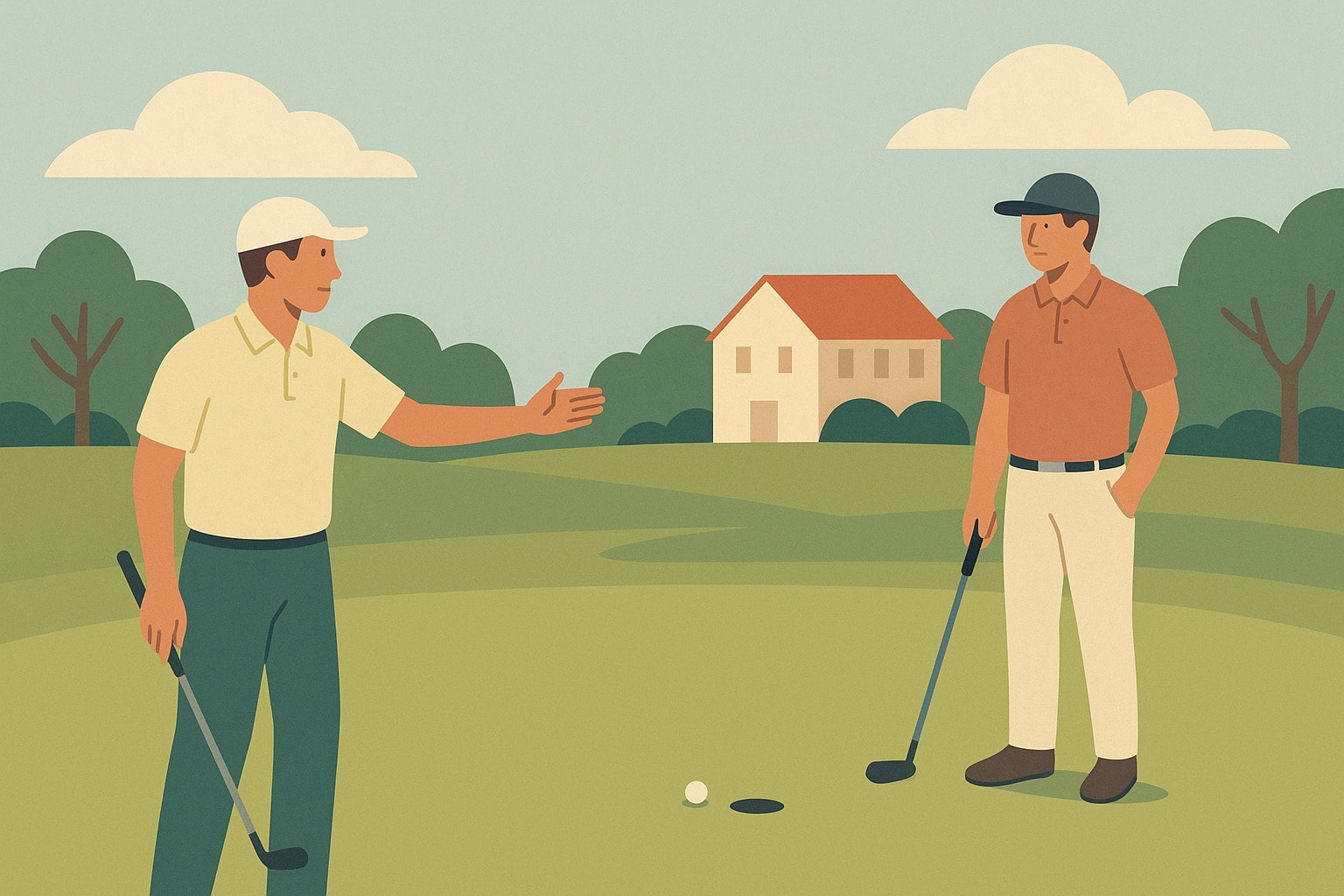 Two golfers on the green as one offers a gimme for an easy short putt Two golfers on the green as one offers a gimme for an easy short putt