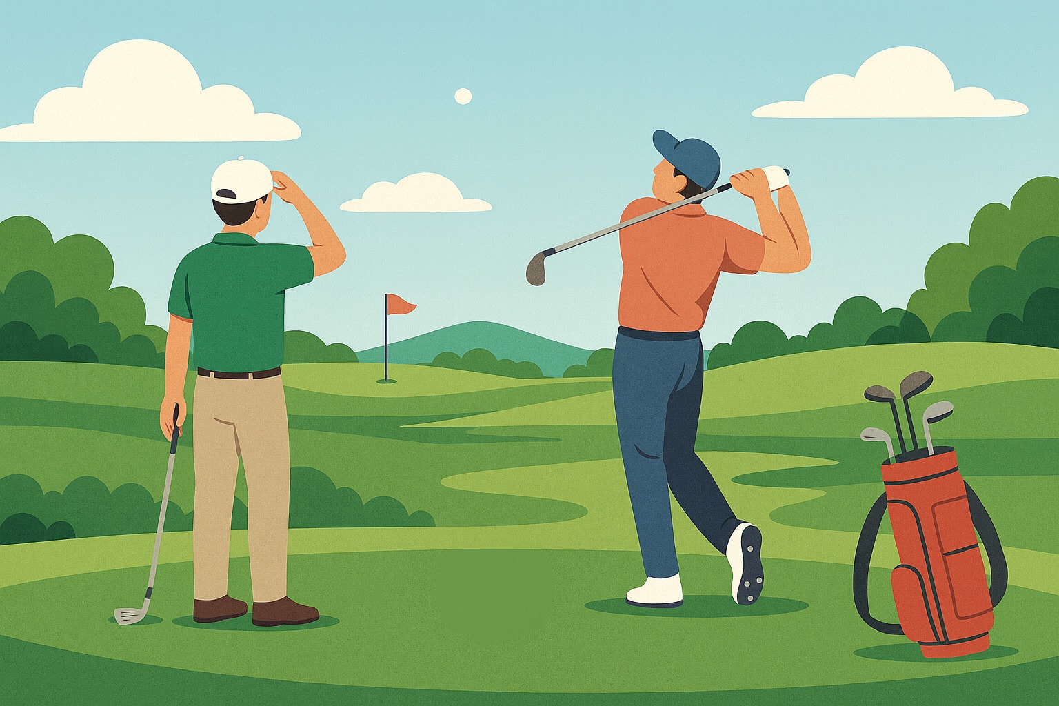 Two golfers share a light moment after a mulligan on the tee Two golfers share a light moment after a mulligan on the tee