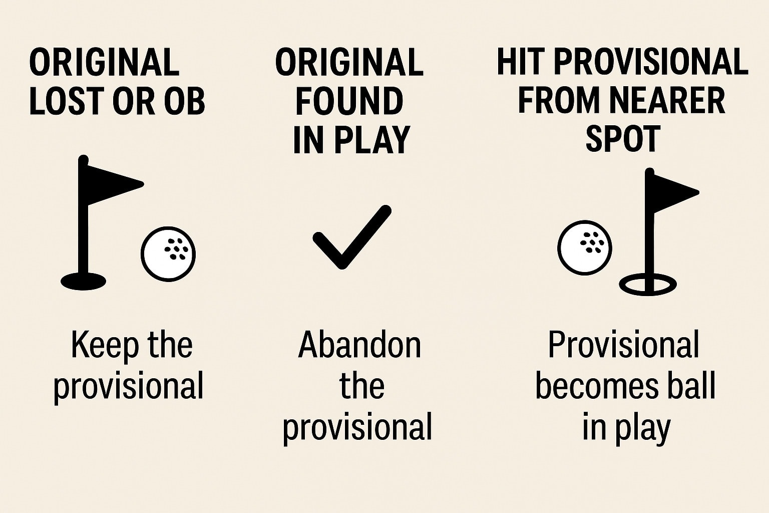 What to do with a provisional ball: keep, abandon, or it becomes the ball in play. What to do with a provisional ball: keep, abandon, or it becomes the ball in play.
