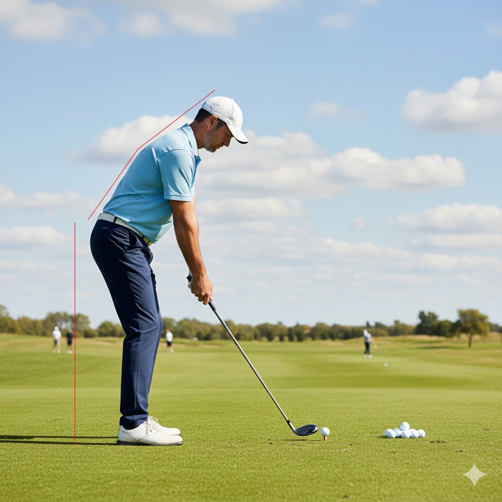 Correct spine angle at setup: tilt from the hips, straight back, balanced posture. Correct spine angle at setup: tilt from the hips, straight back, balanced posture.