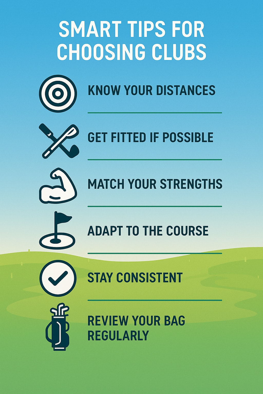 Key tips for building a well-balanced golf bag, focus on distance, fitting, consistency, and regular review. Key tips for building a well-balanced golf bag, focus on distance, fitting, consistency, and regular review.