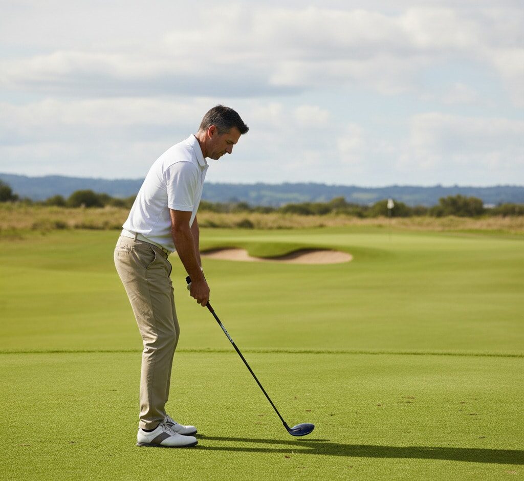 Proper golf stance with balanced posture and alignment before the swing. Proper golf stance with balanced posture and alignment before the swing.
